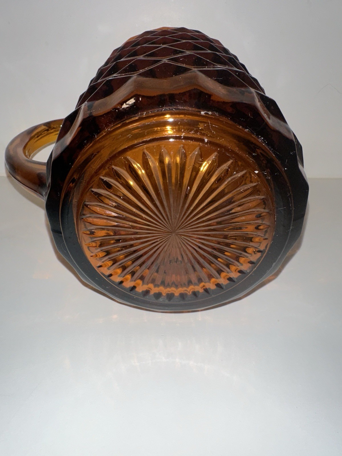 Vintage Heavy Amber Glass Pitcher 48 Oz Whitehall Cubist Pattern MidCentury