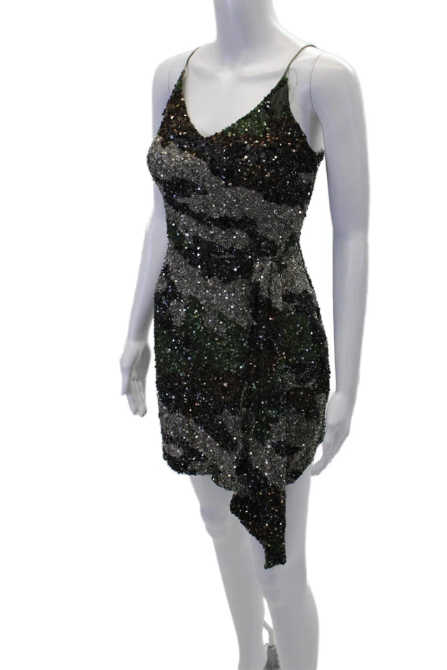 Mini Vestido Retrofete Para Mujer Camuflado Lentejuelas Cuello en V Sin Mangas Verde Talla M Foto 2 de 4