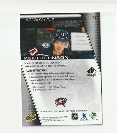2022-23 SP Authentic Future Watch Auto Black Kent Johnson #105 - Image 2 of 2