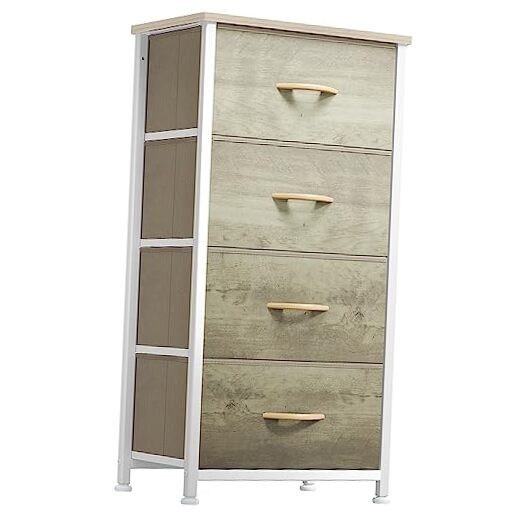 Dresser with 4 Drawers - Fabric Storage Tower, Organizer Unit Cool Oak Greige