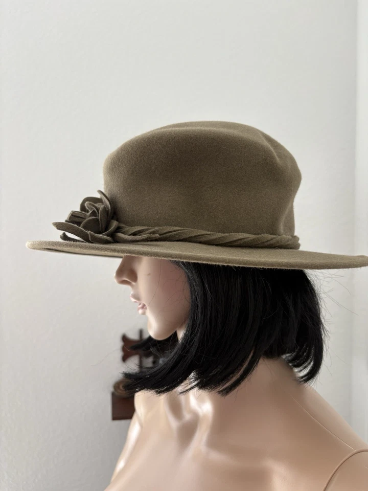 Vintage 60s Frank Olive Saks 5th Ave Mad Hatter Taupe Felt Hat Flower Appliqués - Image 4 of 4