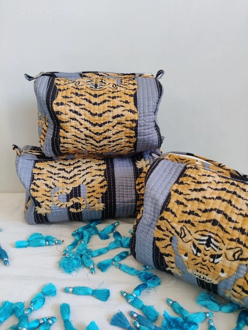 Indian Gray Tiger Cotton Quilted Toiletry Purse Cosmetic Storage Bag Of 3 Pcs US
