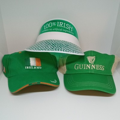 LOT of 3 Hats ~ 100% IRISH Shamrock Visor, IRELAND Flag, Guinness Stout Beer Cap