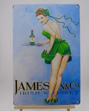 Jameson Irish Whiskey Pin Up Retro 12x8 Metal Tin Bar Wall Decor