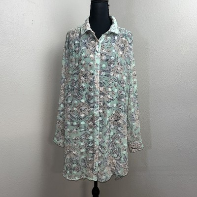 Cupio Top Women's Large Green 3D Floral Button Up Boho Peasant Flowy Sheer Artsy