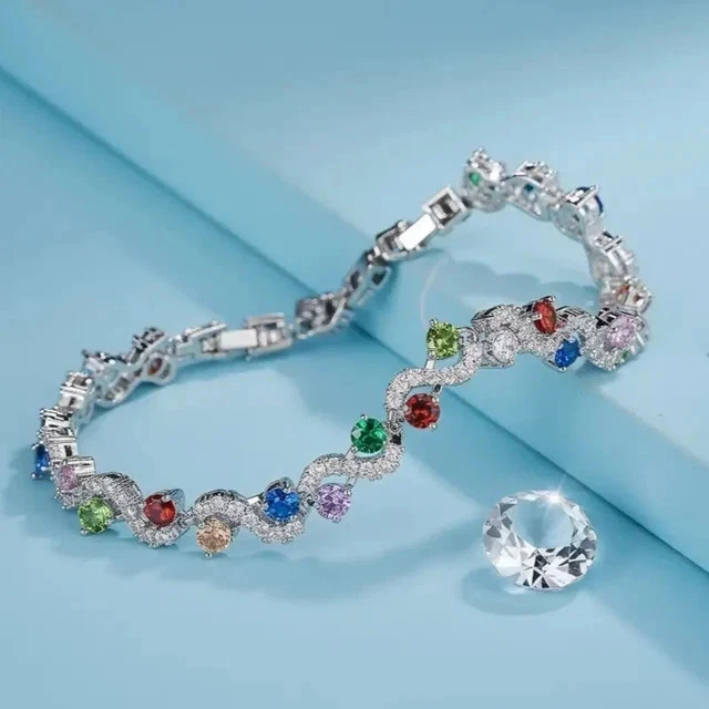 15Ctw Round Cut Lab Created Multicolor Women's Bracelet 14K White Gold Plated 8" - Image 4 of 4