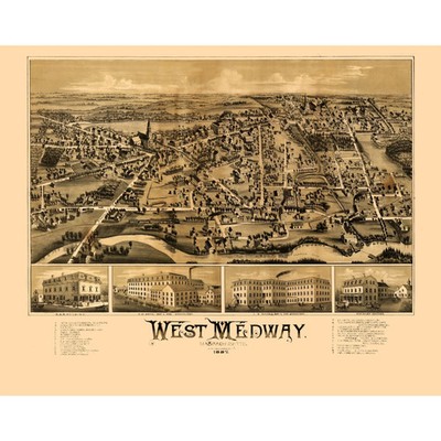 Historic Panoramic View - West Medway Massachusetts - 1887 - Vintage Wall Art