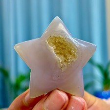 47G Natural Grey Agate Crystal Geode Hand-Carved Pentagram Quartz Gem Healing