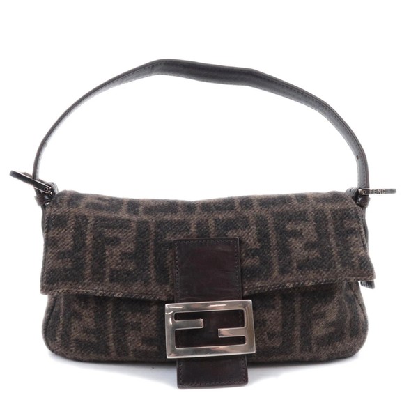 FENDI Zucca Mamma Baguette Cashmere Shoulder Bag Brown Black 26424 Authentic