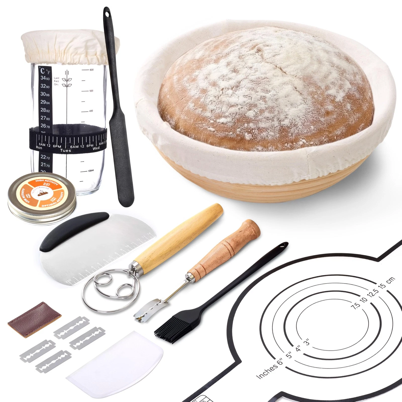 Sourdough Starter Kit with 9" Banneton Basket, 14 Piece Breads Making Set, 24...