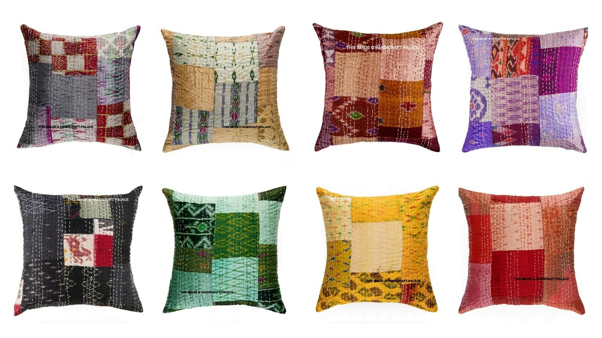 5-Piece Indian Handmade Kantha Patch Cushion Covers – Boho Multi-Color, 24x24 Inch