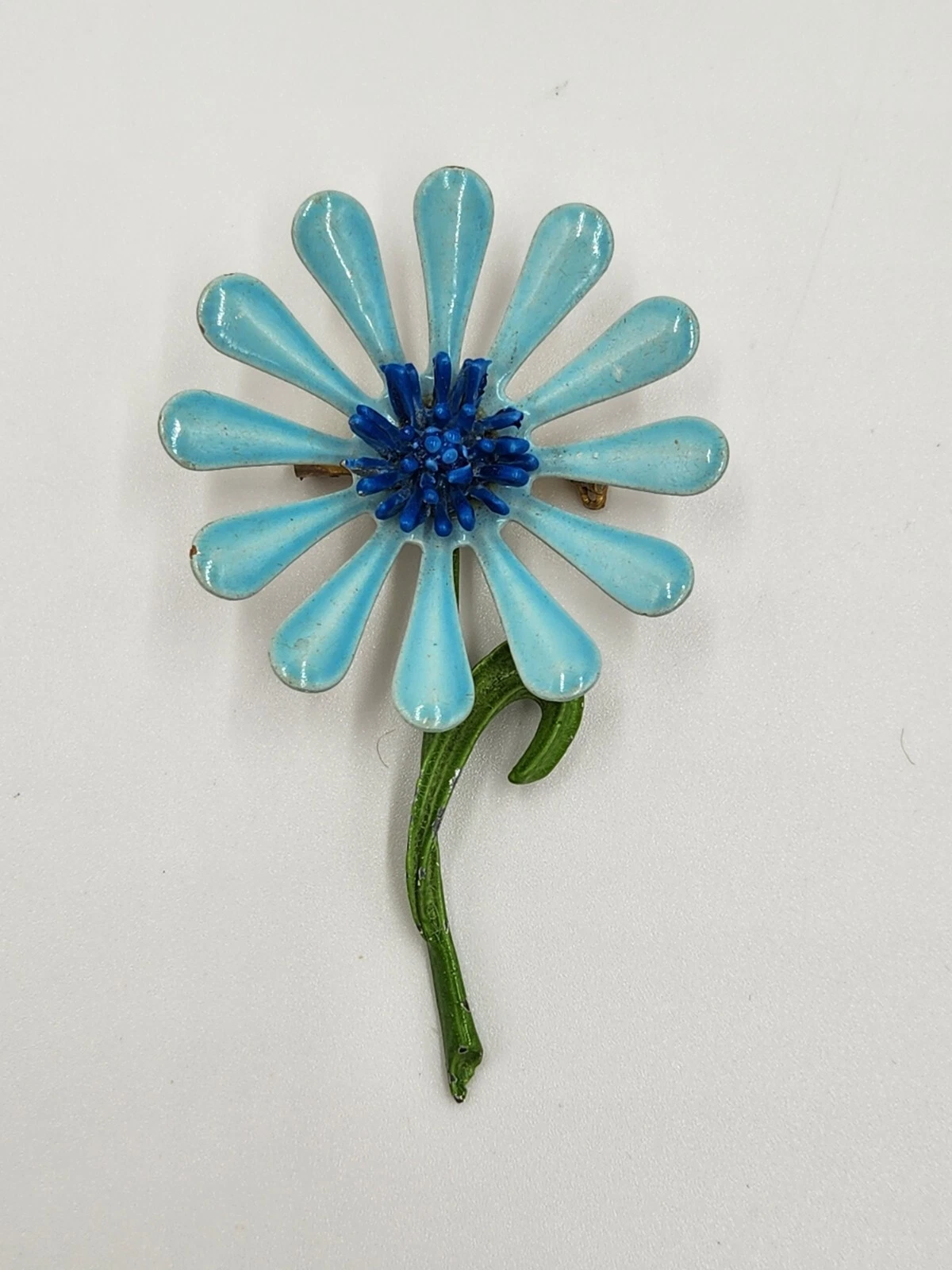 Vintage 3" Shades of Blue Enamel Metal MOD Daisy Brooch 1960's