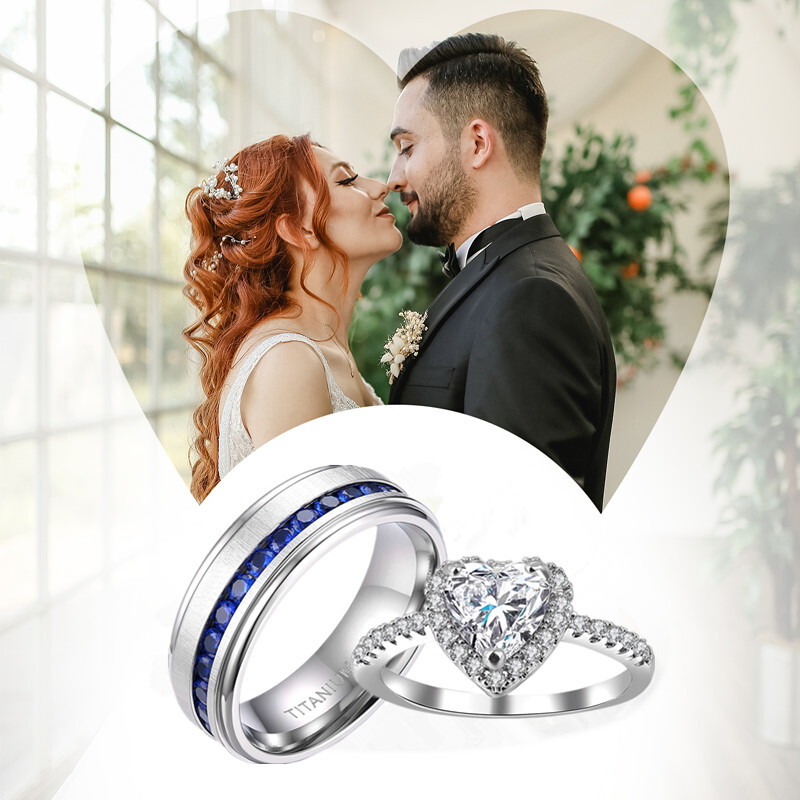 2-Piece Matching Couples Wedding Ring Set - Titanium Steel With CZ, His & Hers Comfort Fit Bands - View #2