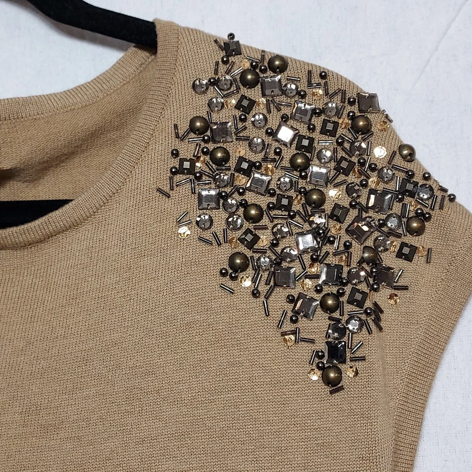 Sexy Vestido Suéter De Colección Talla S Con Cuentas Shelli Segal Tostado Tejido Brillante Estrás Forrado Foto 3 de 4
