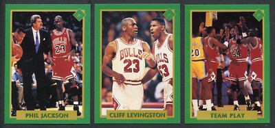 THREE 1991 Tuff Stuff Jr. Michael Jordan Phil Jackson Cliff Levingston BULLS