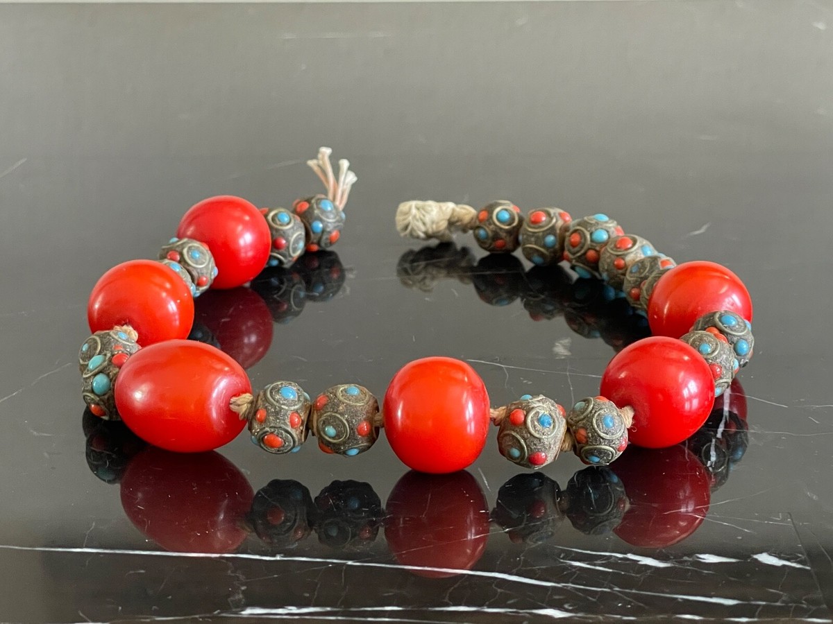 Vintage Tibetan Coral Turquoise Inlay Stones Beaded Necklace | eBay UK