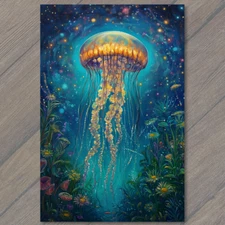 Art Print  Jellyfish Glowing Stars Underwater Night Ocean Fantasy Art Nature