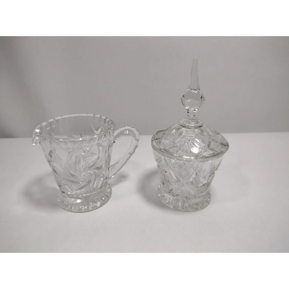 Cristal Corte Transparente Crema y Azúcar Set Vintage Sunburst Foto 2 de 4