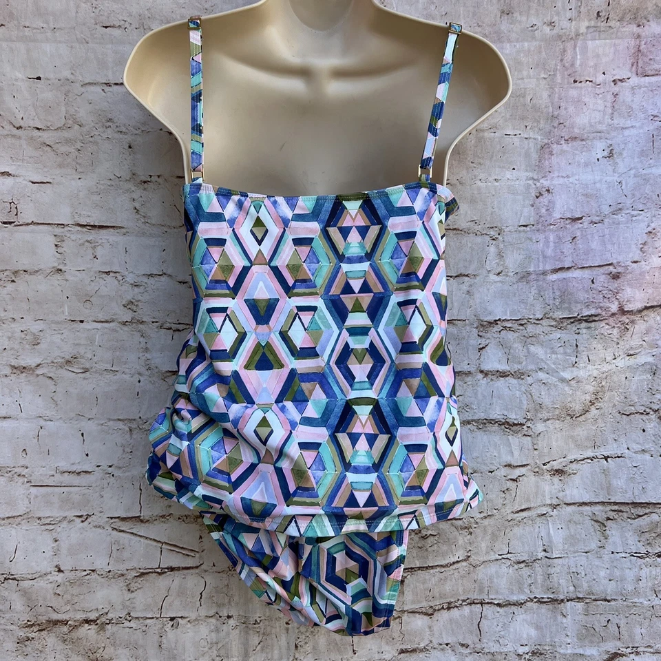 LA BLANCA Geometric Pastel Tankini Swim Suit Pink Blue Bottoms Sz 6 Top I Sz 10 - Image 2 of 4