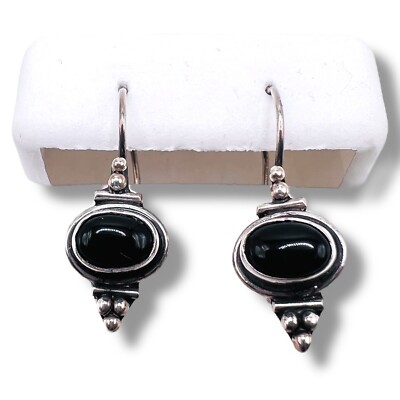 Massive 925 Sterling Silber natürliche schwarze Onyx Haken Bali Ohrringe