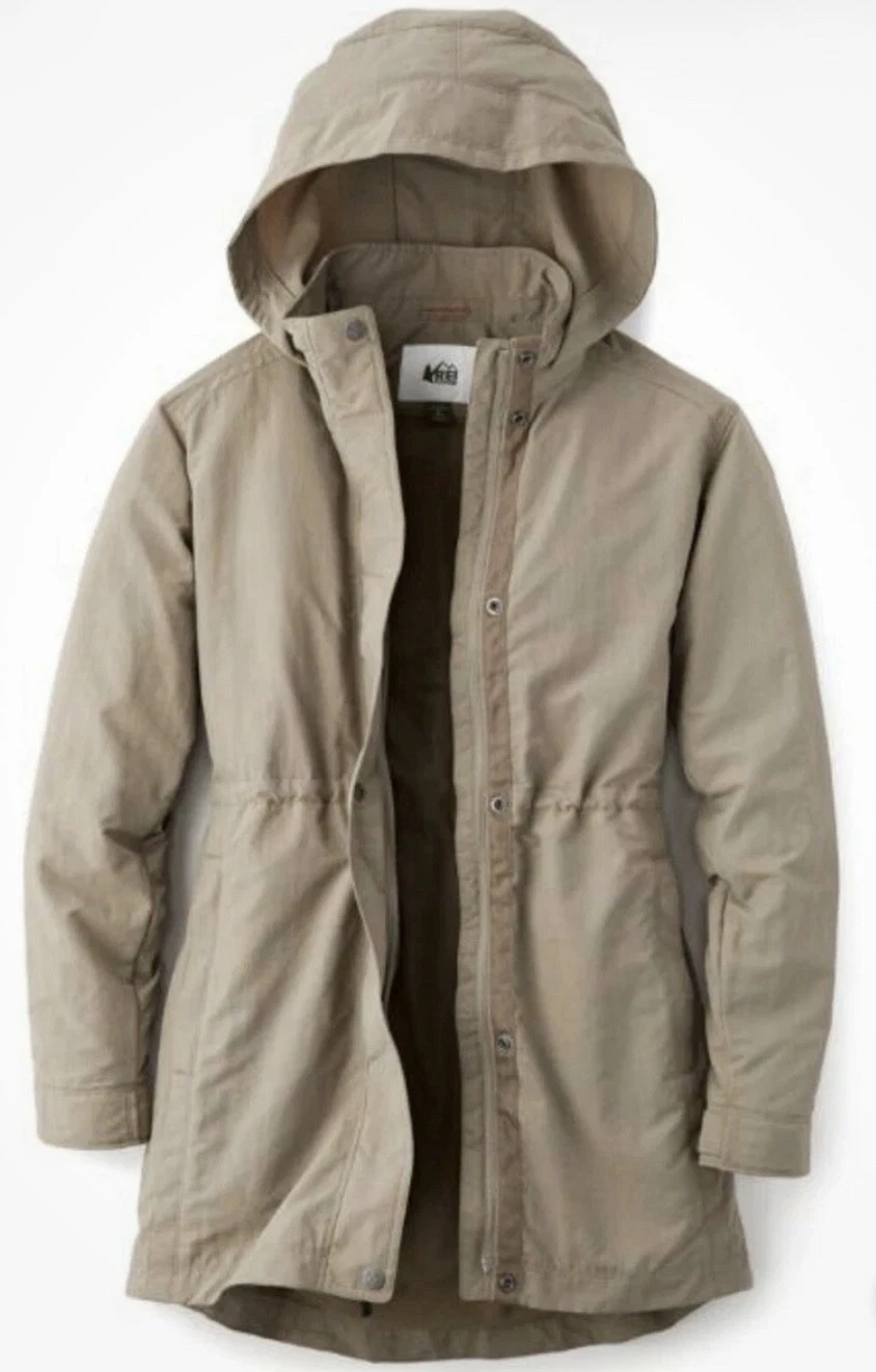 REI Co-op Dark Beige Hooded Utility Rain Coat Jacket Mid-Length Zipper Button LG