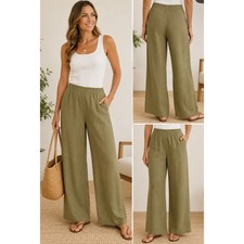 St. John Linen Blend Wide Leg Pull-On Pants, Olive Green, Made In USA, Large