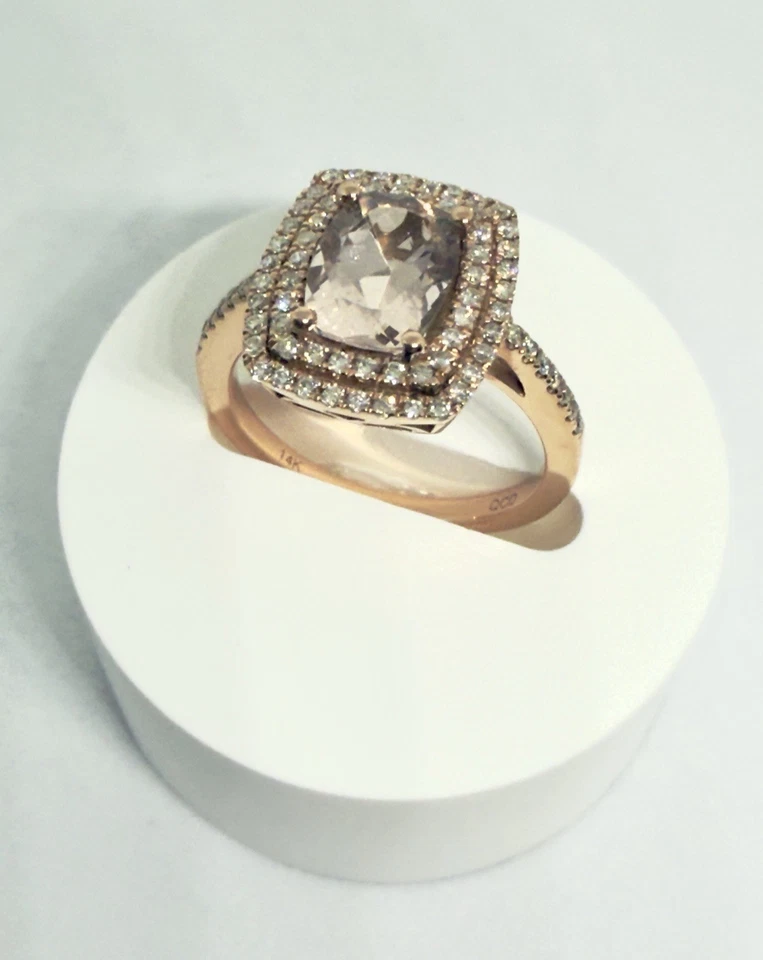 Anillo de oro rosa de 14 quilates - solitario de morganita talla barril - diamantes de 0,37 quilates Foto 4 de 4