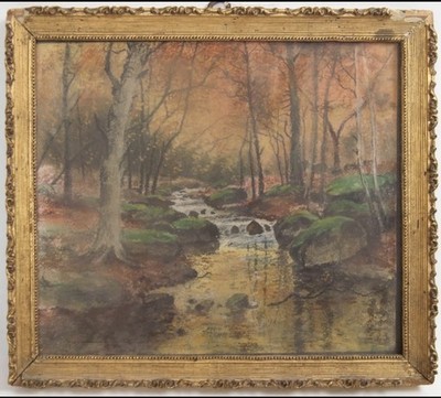 KREIDEZEICHNUNG AUF PAPIER ''HERBSTLICHE WALDLANDSCHAFT'' 