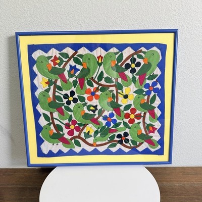 Vtg Tropical Bird Flowers Cotton Applique Textile Folk Art Panel Framed