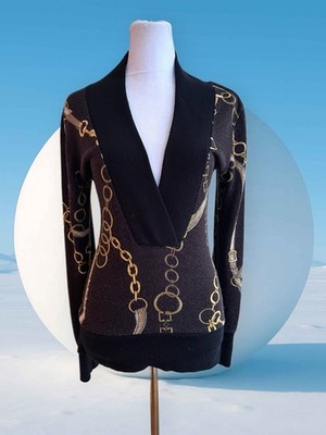 Ketten Print Pullover Strickpullover Strick Hoher Kragen Tiefer Ausschnitt M L