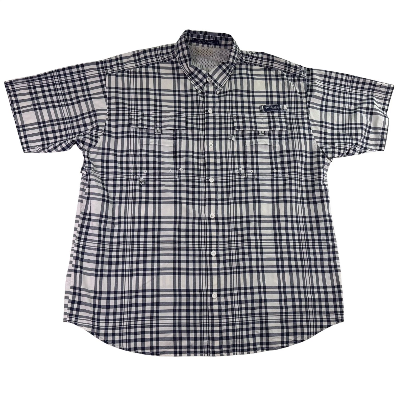 Columbia Mens Navy/White Checkered Short Sleeve Fishing Shirt