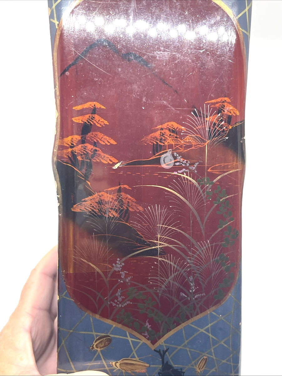 Vintage Japanese Black Lacquer Glove Box Handpainted Bugs