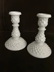 Pair - Vintage Fenton Glass Candle Stick Holders Hobnail White Milk Glass 5 7/8"