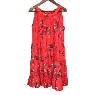 Bellambra Tiered 100% Linen Halter Midi Dress Pink Red Tropical