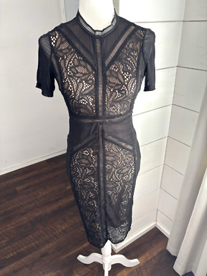 Bardot Dress Womens 4 XS Black Elsie Lace High Neck Sheath Sheer Cocktail Party