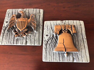 Wall Art Plaques Americana Liberty Bell & Eagle Set 2 Vintage Chalkware Colonial