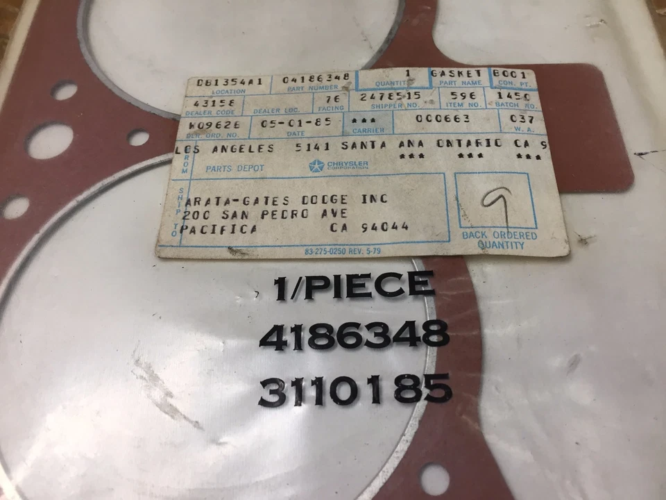 JUNTA CULATA DODGE PLYMOUTH CHRYSLER NOS MOPAR 318 V8 (1) 4186348 Foto 2 de 2