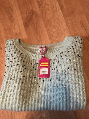 Candie s Aqua Sweater Size L Sequin Pearl Crew Neck