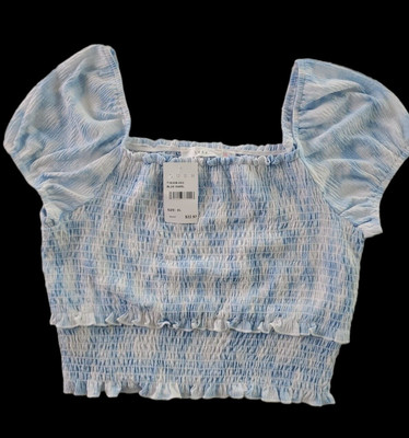 LUSH  Women's XL Blue Swirl Smocked Cap Sleeve Cropped Top Blouse NEW
