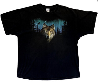 Vintage 1995 Peter Kull Wolf Northern Lights Nature shirt Black 2XL Mens T-Shirt