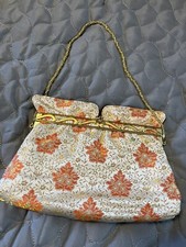 Vintage Rare Tapestry Purse Floral design Metallic Gold Frame Handbag Victorian