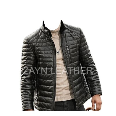 Men Puffer Quilted Leather Jacket Biker Motorcycle Genuine Lambskin Black Jacket