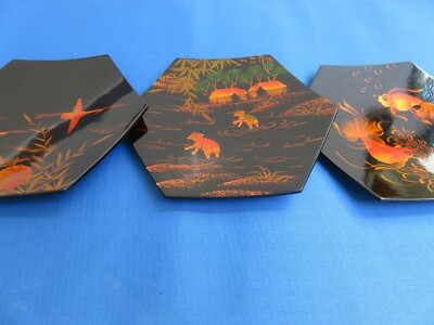 ASIAN ETHNIC ART..3 LACQUER DISHES FROM BEN THAN MARKET VIETNAM 