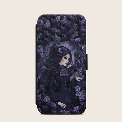 Handyhülle Gothic Girl schwarze Rosen für iPhone Samsung Pixel Flip Wallet Cover