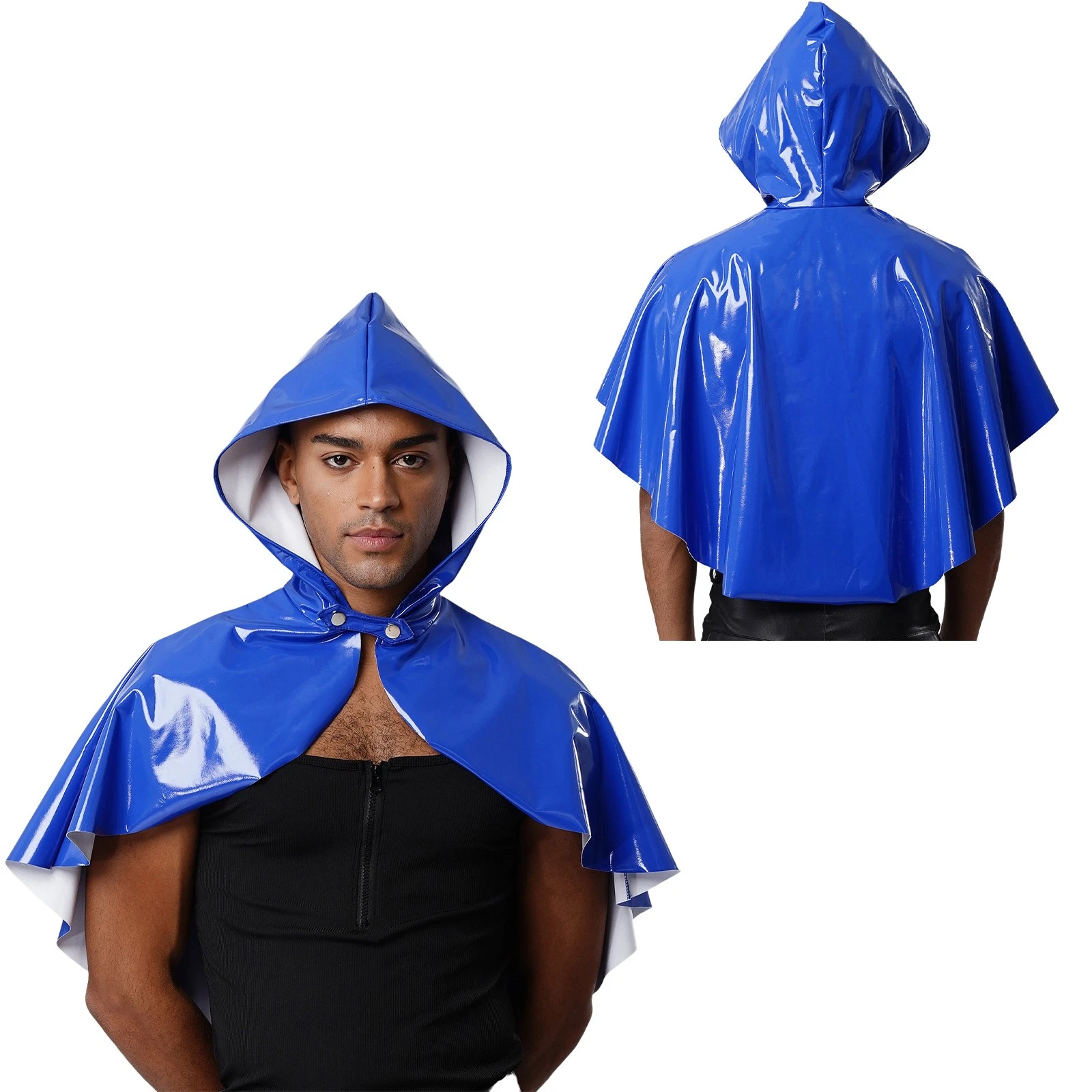 Men Wet Look Hooded Cloak Cape Bolero Steampunk Gothic Cosplay Party Disco Club