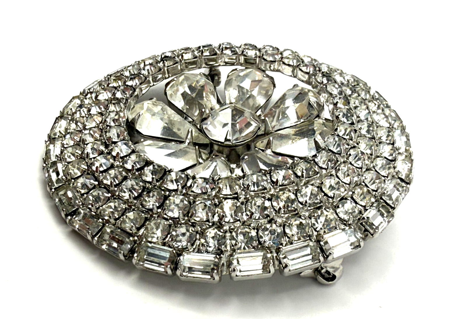 Vintage Silver Tone Rhinestone Brooch – Round Pin Sparkly Costume ...