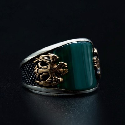 Emerald Gemstone Double Eagle Pattern Engraved 925 Sterling Silver Men's Ring