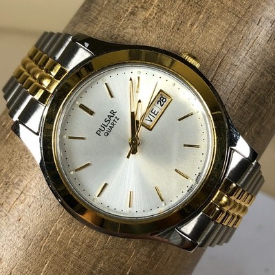 Pulsar Men V733-X001 Dress Day Date Two Tone Quartz Analog 34mm Watch 7 1/2''