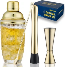 Gold Cocktail Shaker Set - Glass Cocktail Shaker with Strainer - Martini Shaker