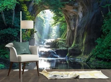 Waterfalls Flow Through Cave Peel and Stick Wall Murals 141.7"x98.4"-Self-Adh...